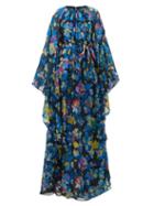 Matchesfashion.com Etro - Floral-print Cape-sleeve Silk-blend Maxi Dress - Womens - Blue Multi