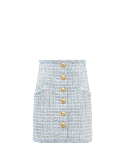 Ladies Rtw Balmain - High-rise Buttoned Tweed Mini Skirt - Womens - Blue
