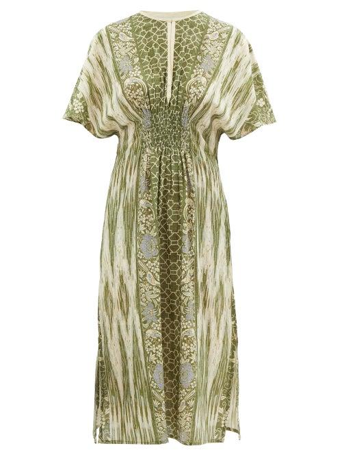 D'ascoli - Dao Floral-print Cotton-khadi Maxi Dress - Womens - Green Multi