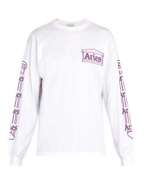 Matchesfashion.com Aries - Column Logo Cotton Long Sleeved T Shirt - Mens - White