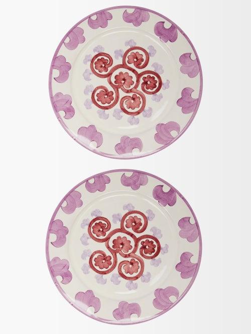 Emporio Sirenuse - Set Of Two Swirl Flower Painted Ceramic Plates - Purple White