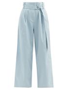 Matchesfashion.com Tibi - Stella Belted Cotton-drill Wide-leg Trousers - Womens - Light Blue