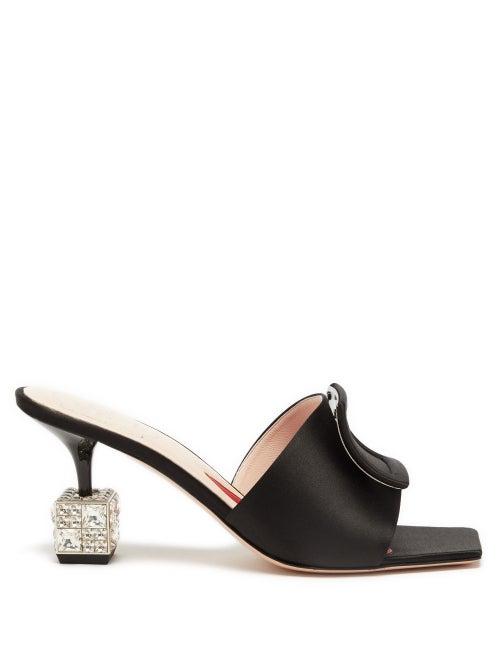 Roger Vivier - Cube Crystal-heel Velvet And Leather Mules - Womens - Black