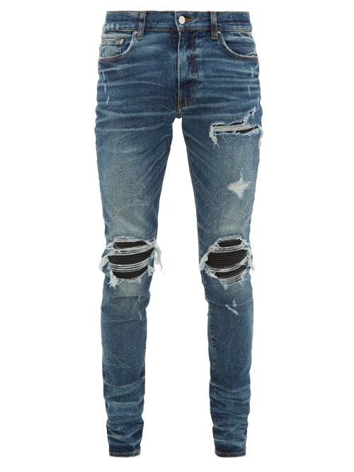 Matchesfashion.com Amiri - Mx1 Leather Panel Distressed Skinny Leg Jeans - Mens - Indigo
