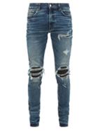 Matchesfashion.com Amiri - Mx1 Leather Panel Distressed Skinny Leg Jeans - Mens - Indigo