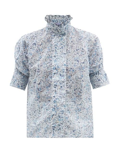 Thierry Colson - Vita Floral-print Ruffled-collar Cotton Blouse - Womens - Blue Print