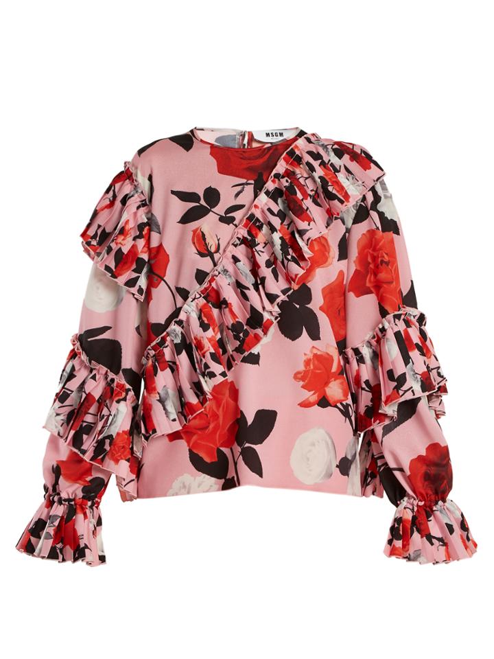 Msgm Floral-print Ruffled Crepe Top