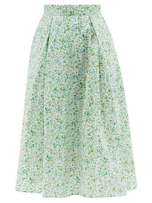 Thierry Colson - Wynona Pleated Floral Cotton-poplin Midi Skirt - Womens - Green Print