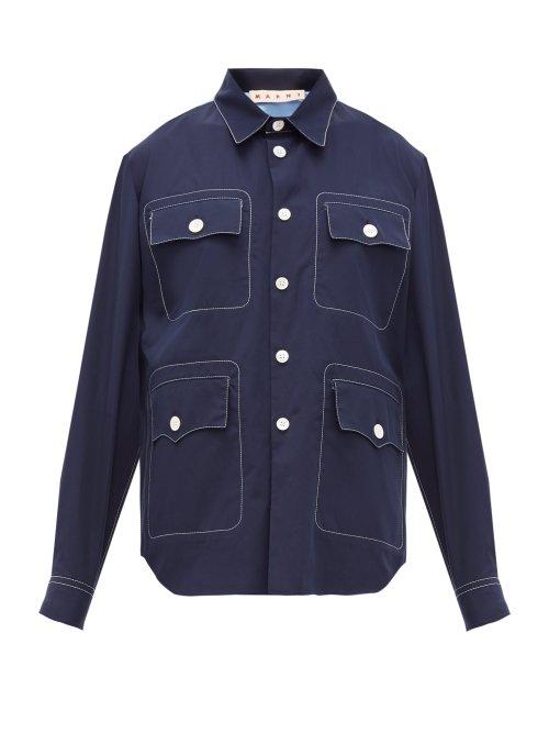 Matchesfashion.com Marni - Topstitched Patch Pocket Cotton Poplin Shirt - Womens - Navy