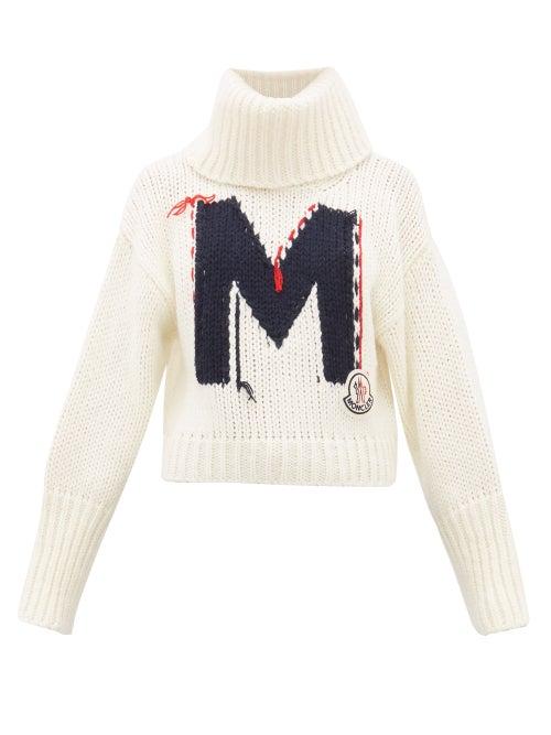 Matchesfashion.com Moncler - Logo Jacquard Chunky Knit Roll Neck Sweater - Womens - White Multi