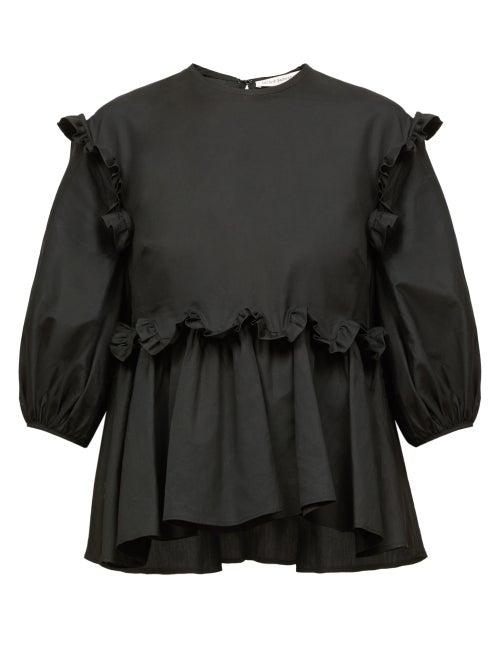 Matchesfashion.com Cecilie Bahnsen - Marie Tie-back Ruffled Peplum-hem Poplin Top - Womens - Black