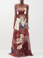 Raquel Diniz - Bali Patchwork Floral-print Silk-satin Maxi Dress - Womens - Burgundy Multi