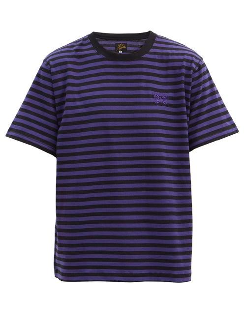 Matchesfashion.com Needles - Butterfly-embroidered Striped Cotton T-shirt - Mens - Purple