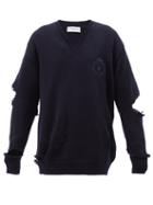 Balenciaga - Logo-embroidered Distressed Wool Sweater - Womens - Navy
