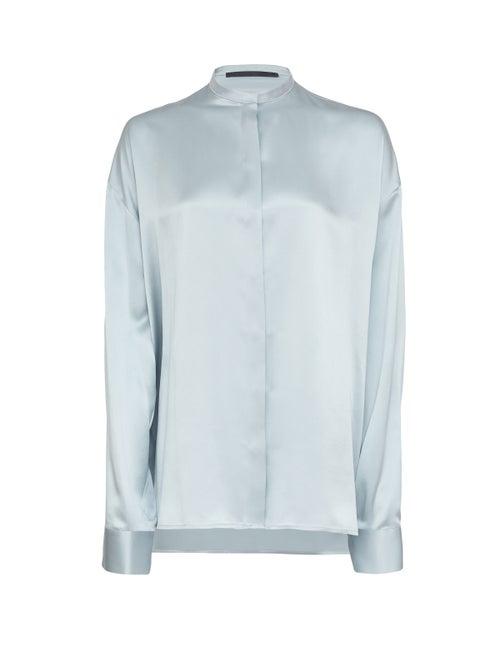 Matchesfashion.com Haider Ackermann - Band-collar Silk-charmeuse Blouse - Womens - Blue