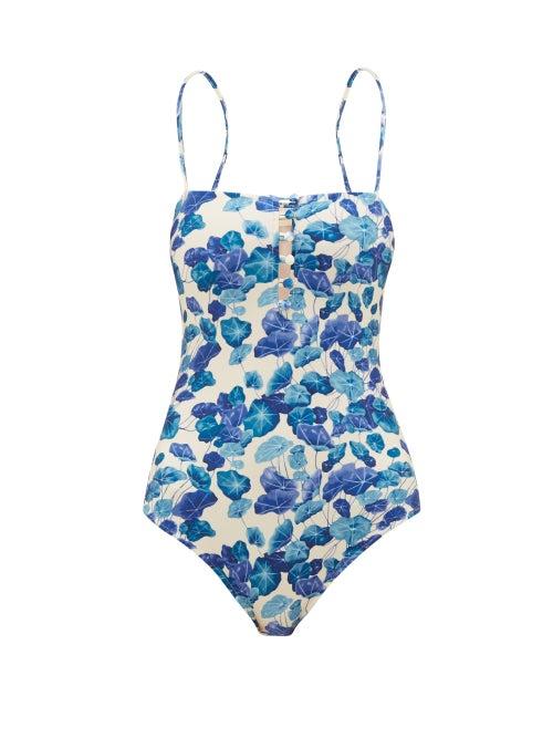 Matchesfashion.com Adriana Degreas - Square-neck Lotus-print Swimsuit - Womens - Blue Print