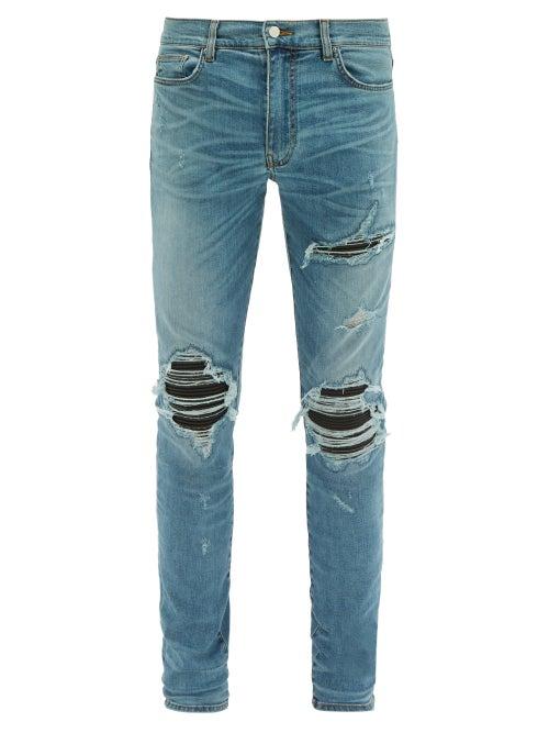 Matchesfashion.com Amiri - Mx1 Leather Patch Slim Leg Jeans - Mens - Light Blue