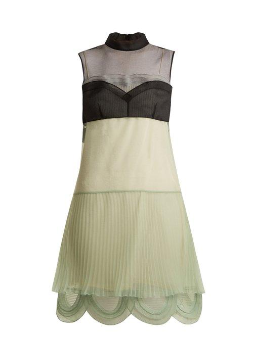 Matchesfashion.com Prada - Cigaline Contrast Panel Pleated Organza Dress - Womens - Green Multi