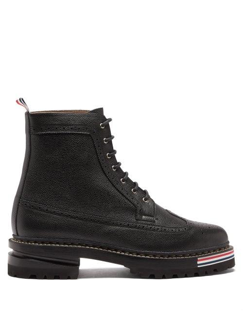 Mens Shoes Thom Browne - Tricolour-stripe Brogue And Combat Leather Boots - Mens - Black