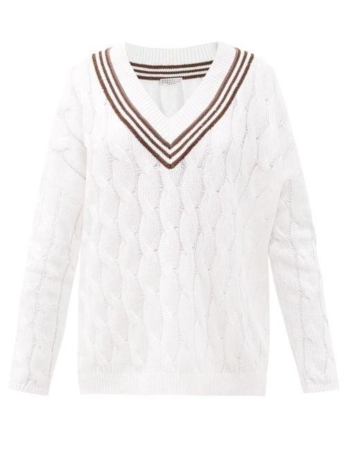 Matchesfashion.com Brunello Cucinelli - Monili-chain V-neck Cable-knit Sweater - Womens - White Multi