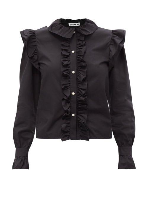Batsheva - Claude Ruffle-neck Cotton-poplin Blouse - Womens - Black