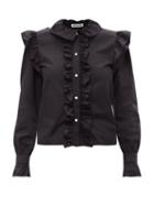 Batsheva - Claude Ruffle-neck Cotton-poplin Blouse - Womens - Black