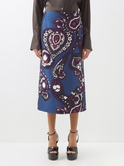 La Doublej - Paisley-embroidered Jacquard Pencil Skirt - Womens - Blue Multi