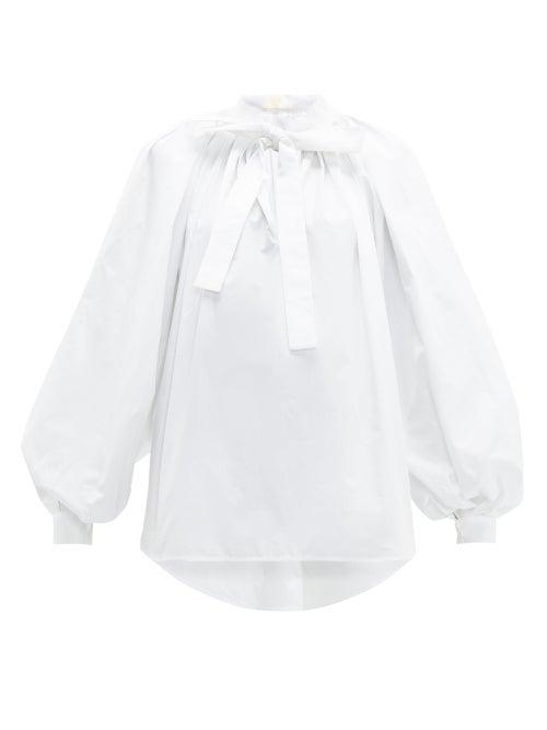 Matchesfashion.com Sara Battaglia - Tie Neck Gathered Cotton Blouse - Womens - White