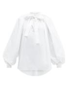 Matchesfashion.com Sara Battaglia - Tie Neck Gathered Cotton Blouse - Womens - White