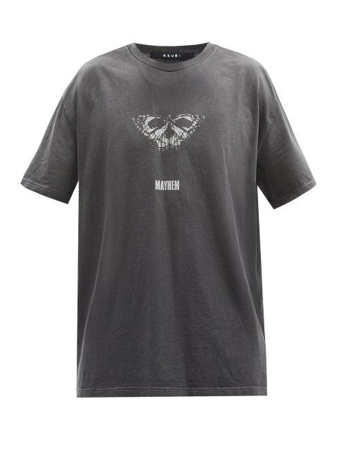 Matchesfashion.com Ksubi - Mayhem Butterfly-print Garment-dyed Cotton T-shirt - Mens - Dark Grey