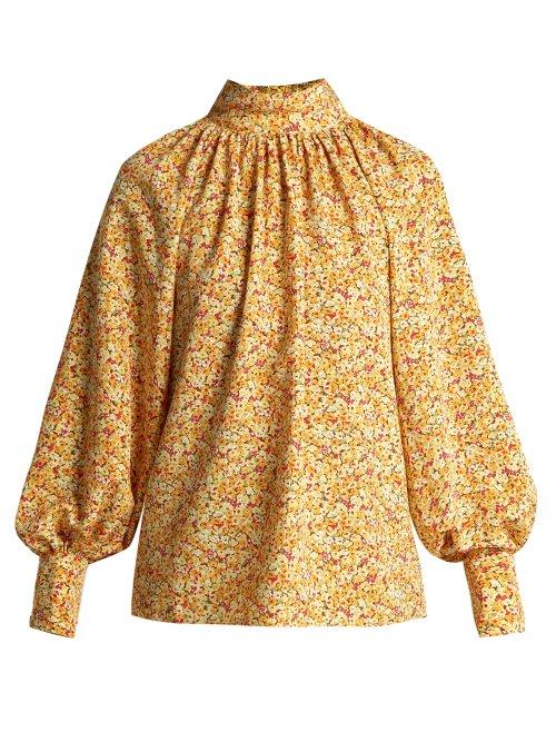 Matchesfashion.com Anna October - Floral Print High Neck Cotton Blouse - Womens - Yellow Multi