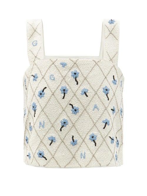 Ladies Rtw Ganni - Cropped Floral-beaded Top - Womens - Ivory