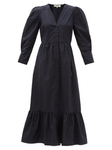 Matchesfashion.com Sea - Karla Puff-sleeve Cotton-blend Poplin Midi Dress - Womens - Navy