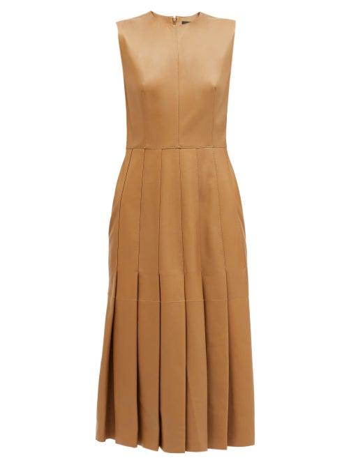 Matchesfashion.com Joseph - Demry Leather Pleated Dress - Womens - Camel