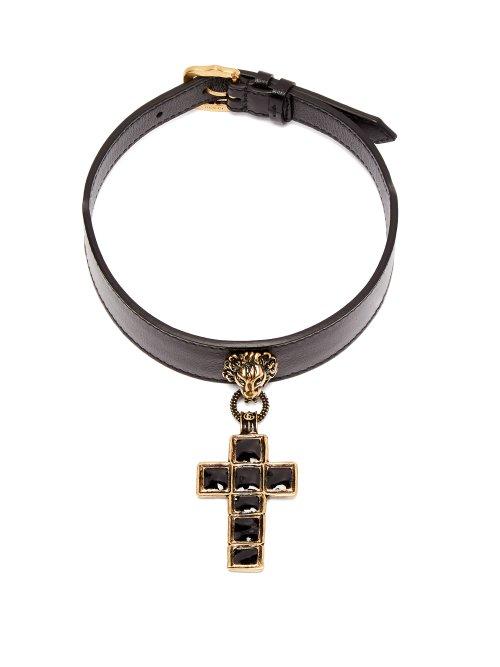 Matchesfashion.com Gucci - Embellished Cross Leather Choker - Womens - Black