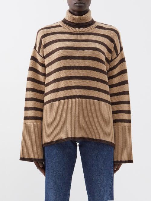 Toteme - Roll-neck Striped Wool-blend Sweater - Womens - Beige Multi