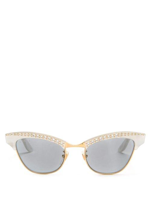 Matchesfashion.com Gucci - Embellished Cat Eye Acetate Sunglasses - Womens - White