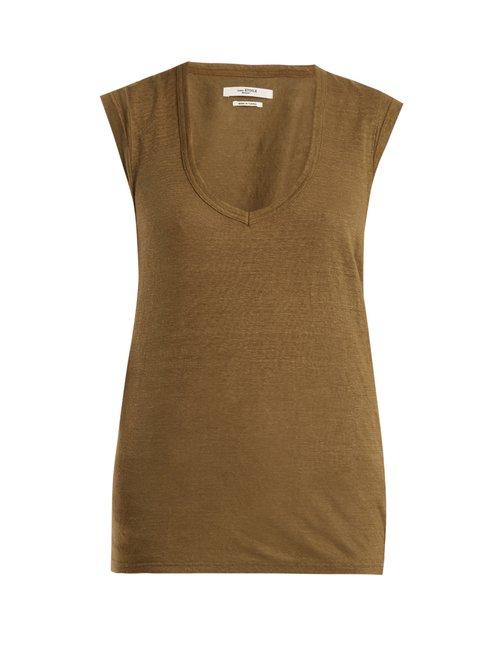 Matchesfashion.com Isabel Marant Toile - Zanky Cap Sleeved Linen T Shirt - Womens - Khaki