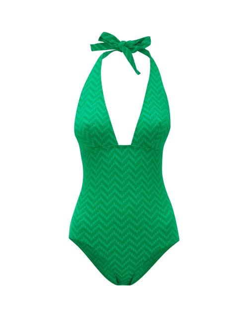 Matchesfashion.com Eres - Halterneck Zigzag-knitted Swimsuit - Womens - Green