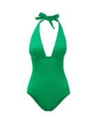 Matchesfashion.com Eres - Halterneck Zigzag-knitted Swimsuit - Womens - Green