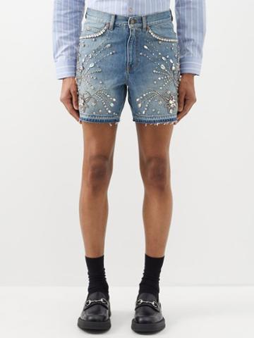 Gucci - Crystal-embellished Denim Shorts - Mens - Light Blue