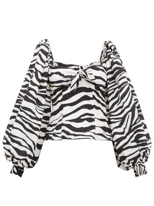Matchesfashion.com The Attico - Balloon Sleeve Zebra Print Crepe De Chine Top - Womens - Black White