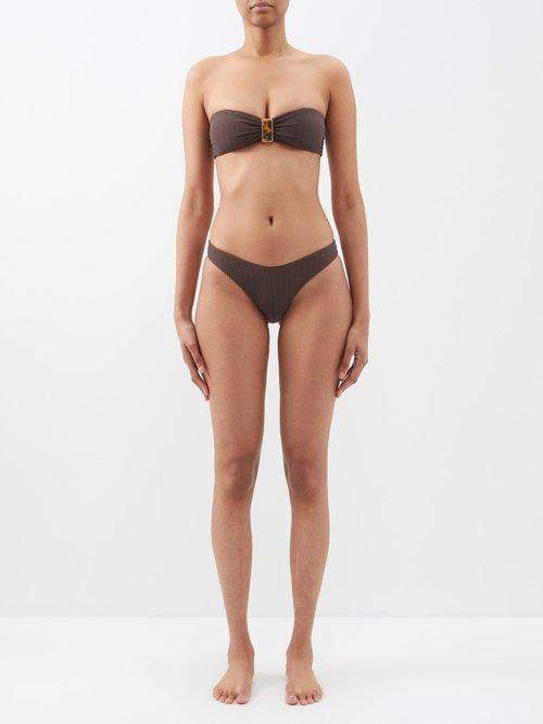 Zimmermann - Laurel Buckled Metallic-knit Bandeau Bikini - Womens - Dark Brown