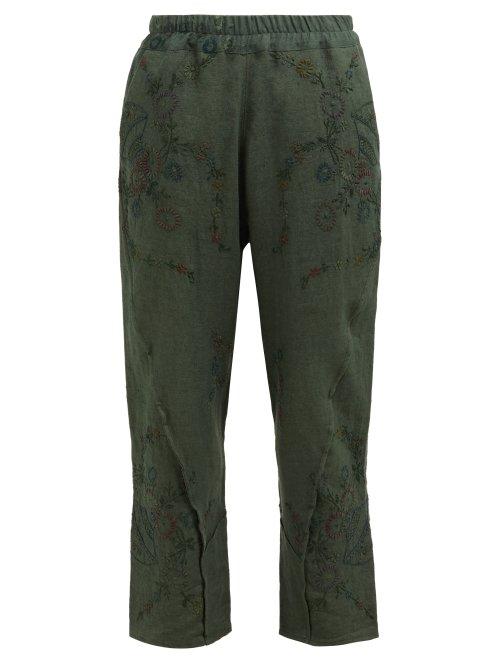 Matchesfashion.com By Walid - Reyzi Floral Embroidered Linen Trousers - Womens - Green