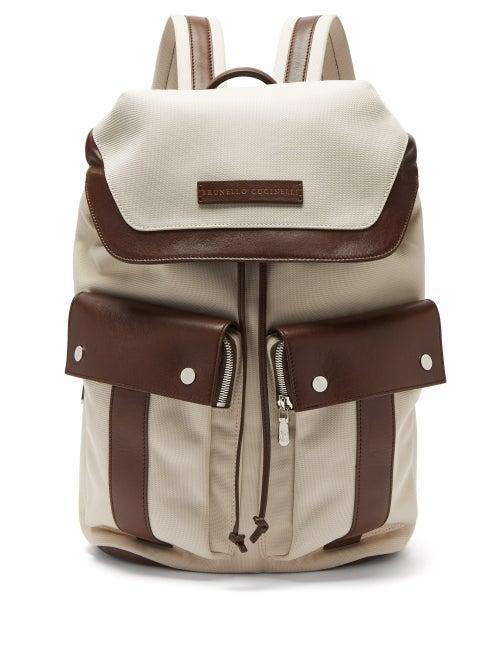 Mens Bags Brunello Cucinelli - Bi-colour Canvas And Leather Backpack - Mens - Cream