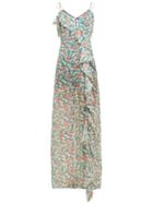 Matchesfashion.com Raquel Diniz - Stella Ruffle Floral Print Silk Maxi Dress - Womens - Green Multi