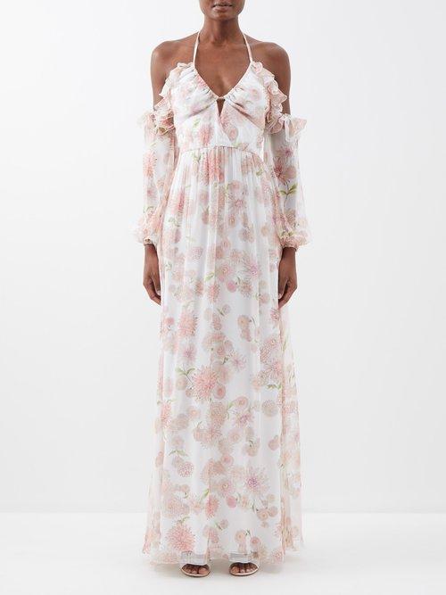 Giambattista Valli - Dahlia-print Off-the-shoulder Silk-georgette Gown - Womens - Pink Print