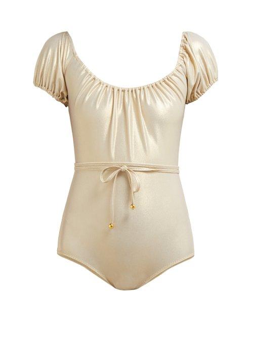 Matchesfashion.com Lisa Marie Fernandez - Leandra Off The Shoulder Swimsuit - Womens - Gold