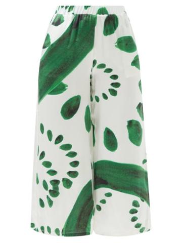 Themis Z - Printed Silk-satin Cropped Trousers - Womens - Green White