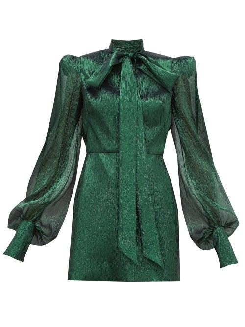 Matchesfashion.com The Vampire's Wife - Pussy Bow Pliss Lam Mini Dress - Womens - Dark Green